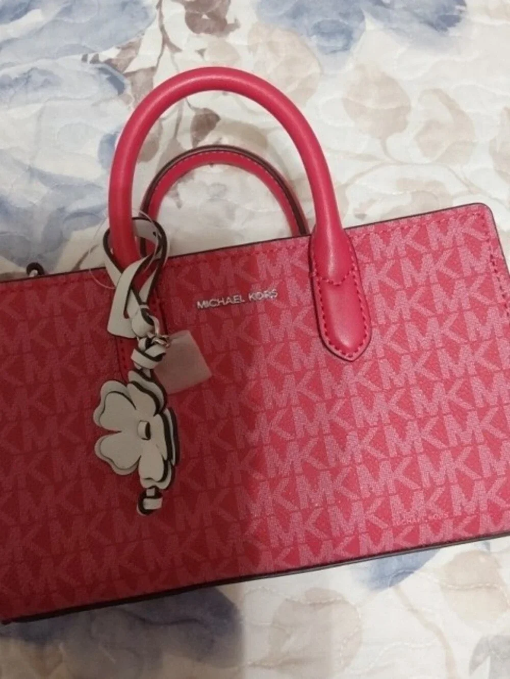 NWT Michael Kors Pink Signature MK Logo Satchel with Flower Charm